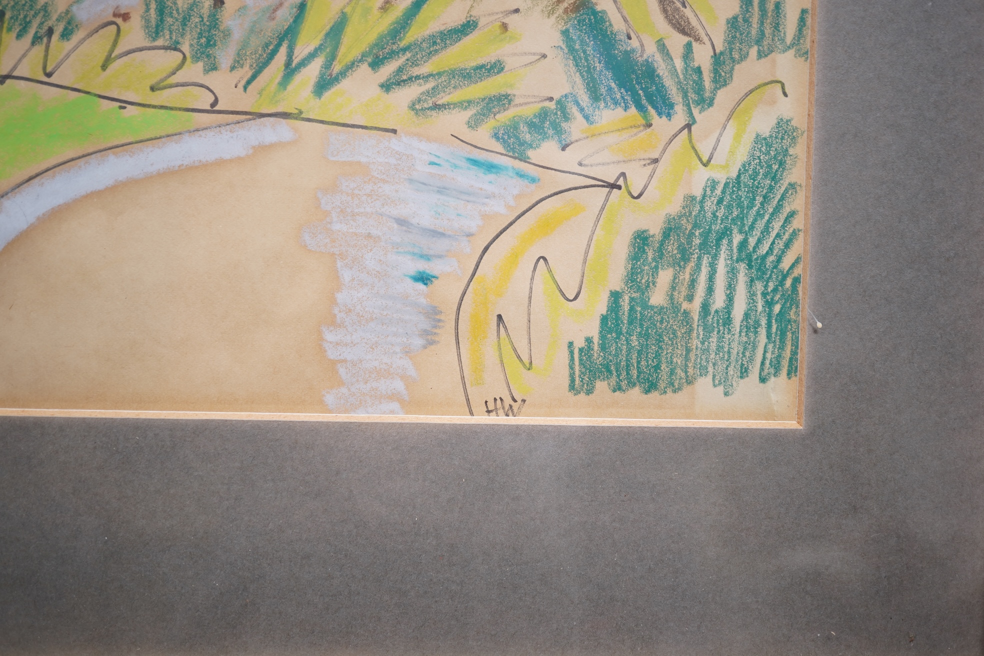 Monogrammist H.W. 20th century Landscape with trees, telegraph poles and a cottage, mongrammed lower right, mixed media on paper, 32 x 45cm